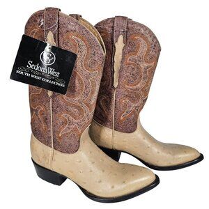 Vintage Sedona West Men's Ostrich Leather Western‎ Boots Tan Brown 7D